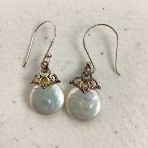Designer Sterling Silver Dangle Earrings White Coin Pearl